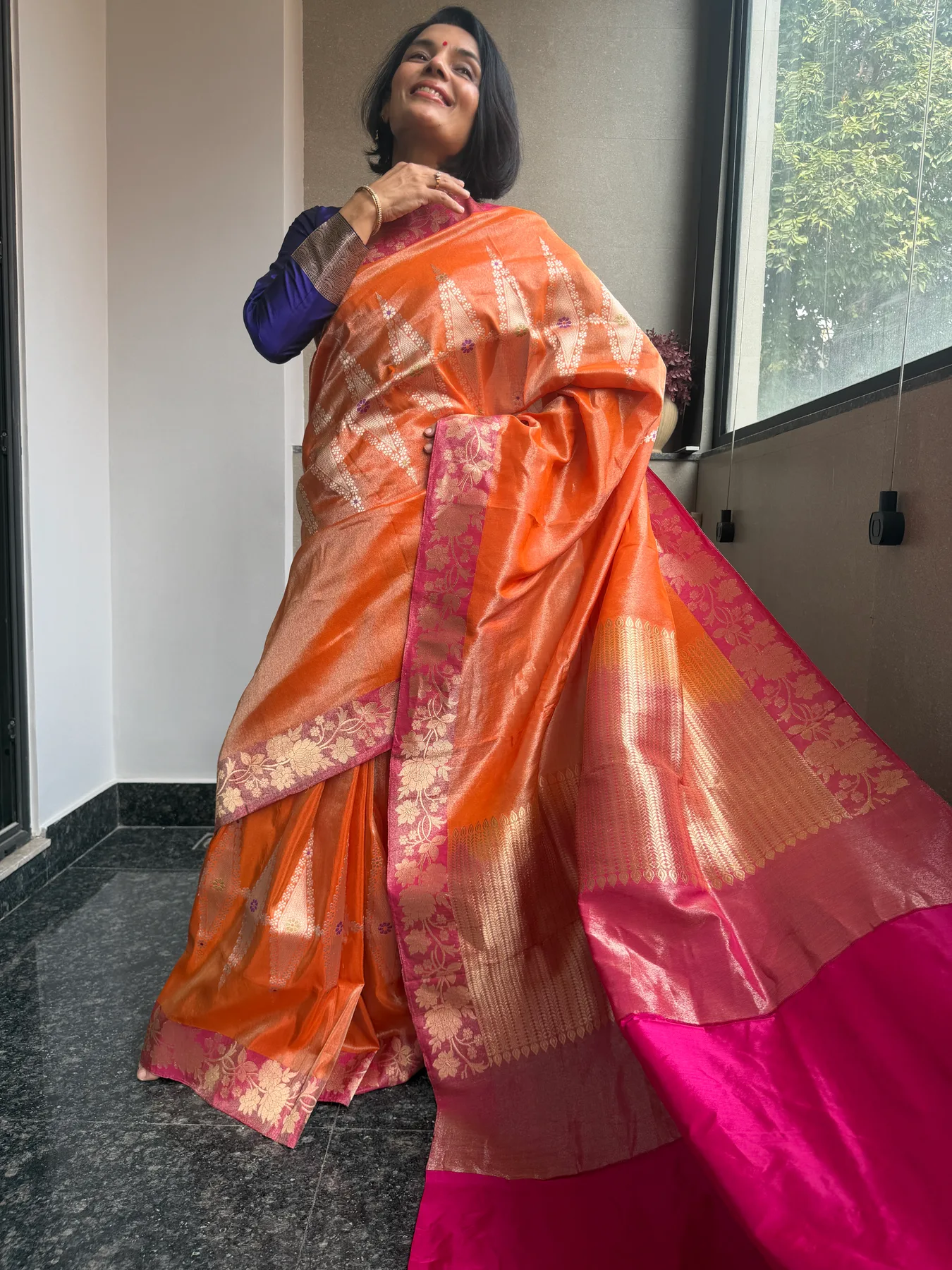 Orange Tissue Kora Silk Kaduwa Meenakari Banarasi Saree, view 3