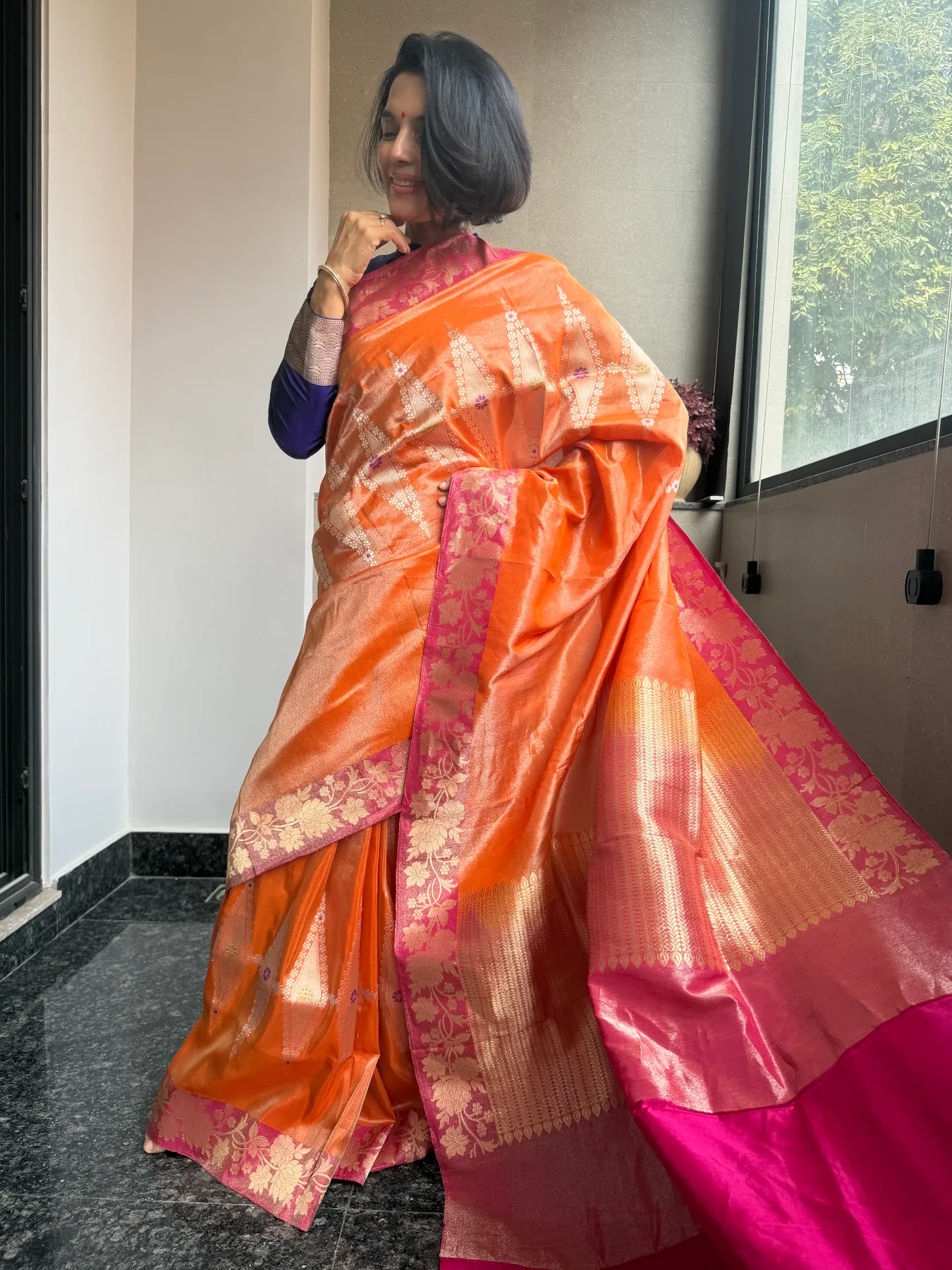 Orange Tissue Kora Silk Kaduwa Meenakari Banarasi Saree, view 4