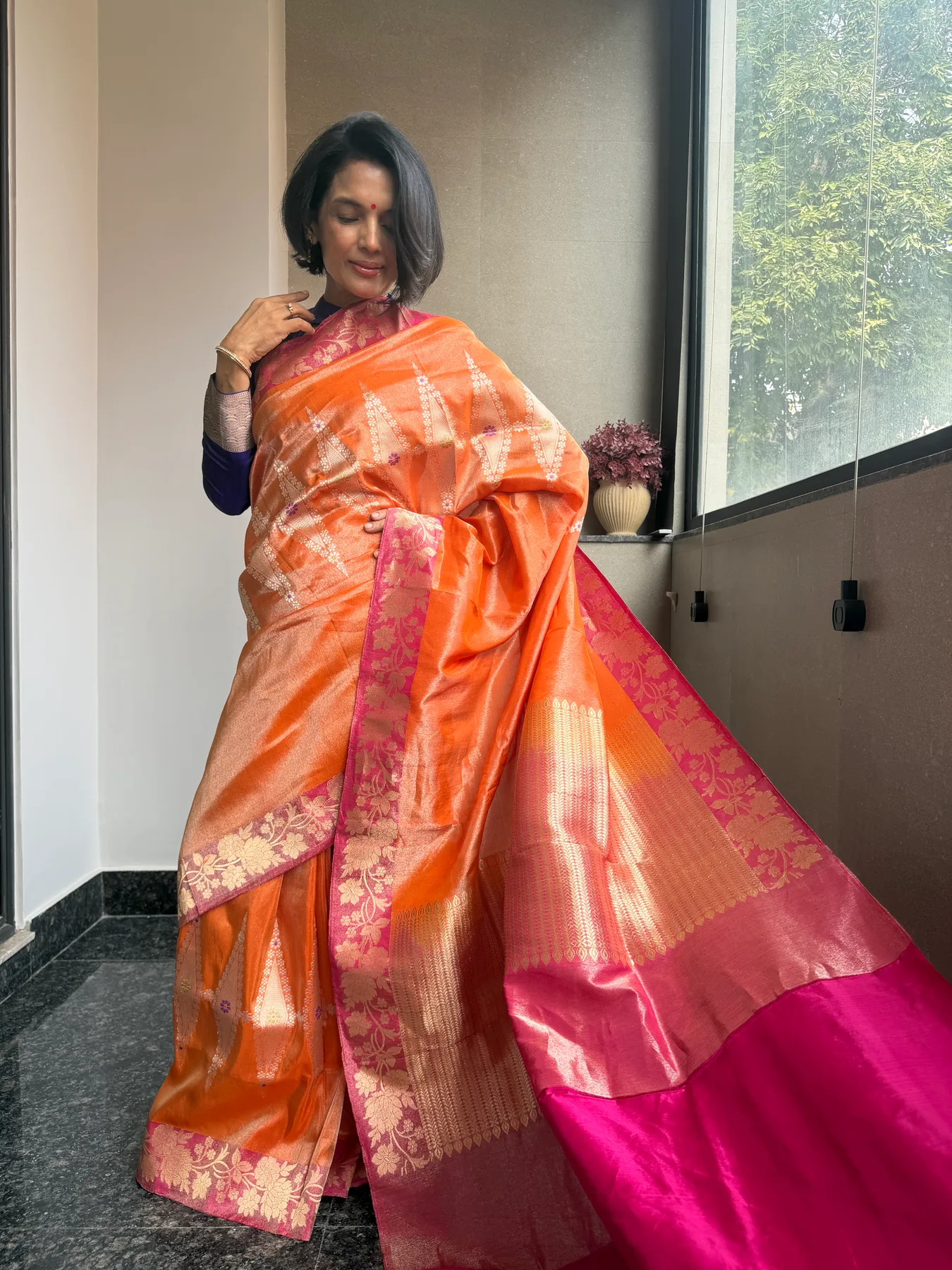 Orange Tissue Kora Silk Kaduwa Meenakari Banarasi Saree, view 5