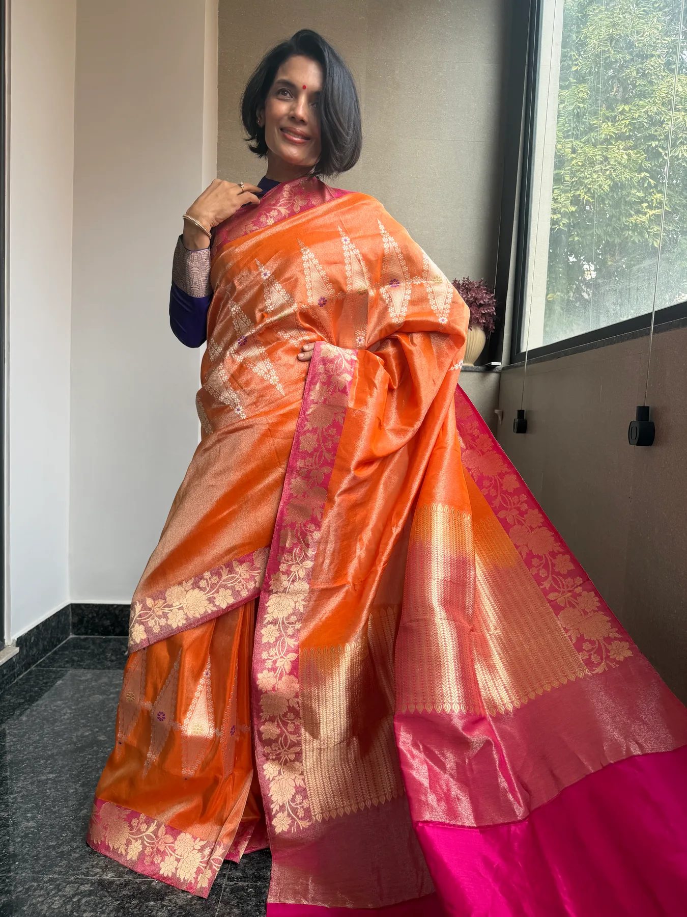 Orange Tissue Kora Silk Kaduwa Meenakari Banarasi Saree, view 1