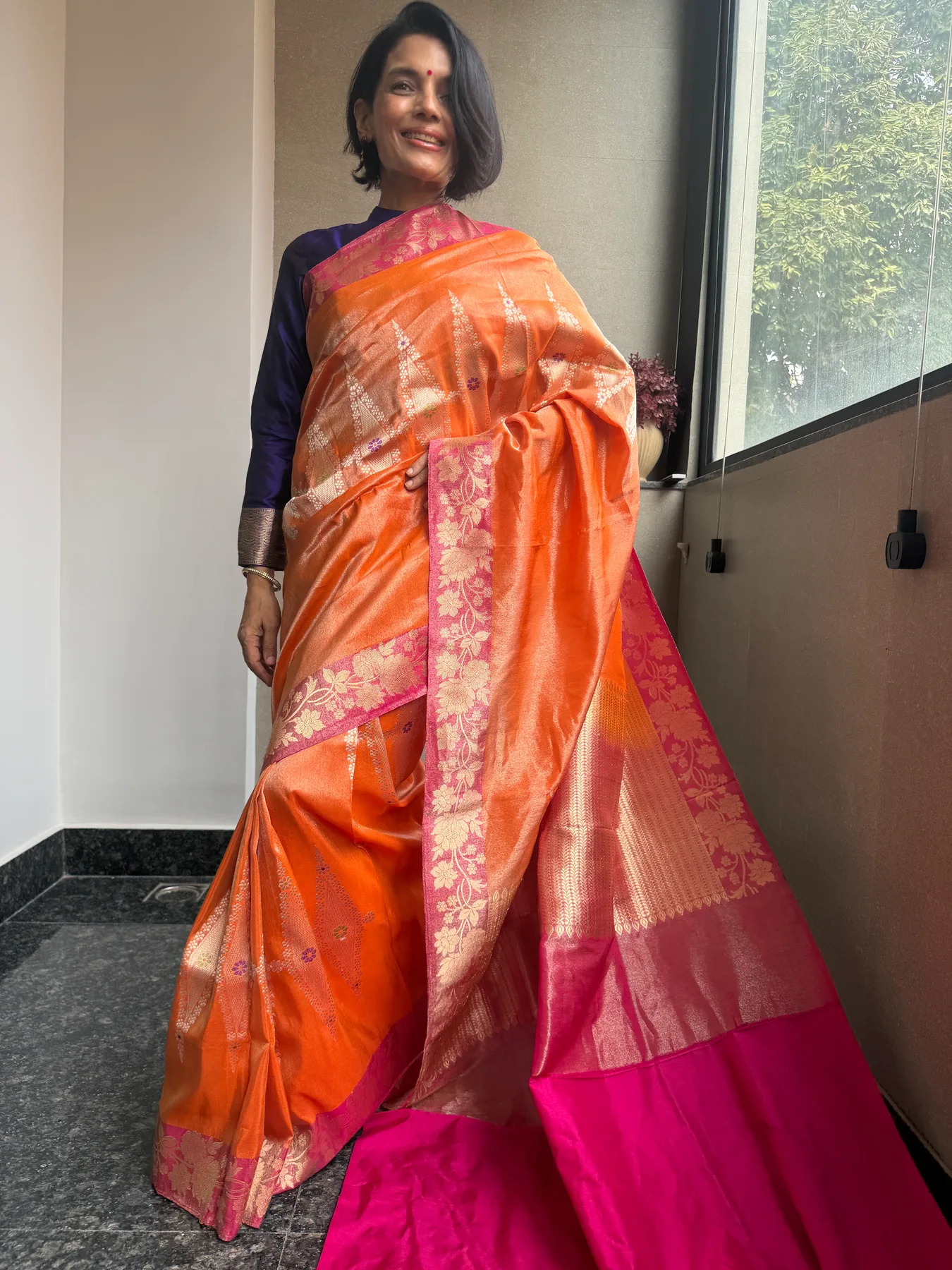 Orange Tissue Kora Silk Kaduwa Meenakari Banarasi Saree, view 2