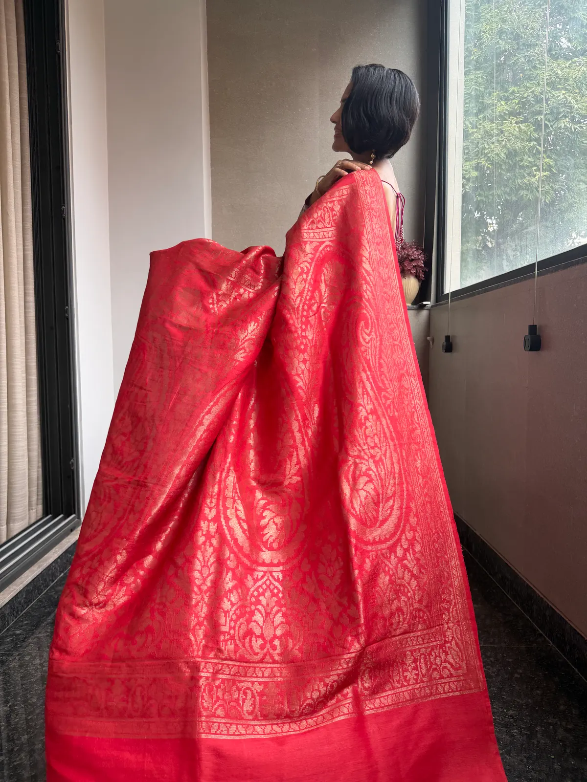 Classic red Tussar silk saree full view