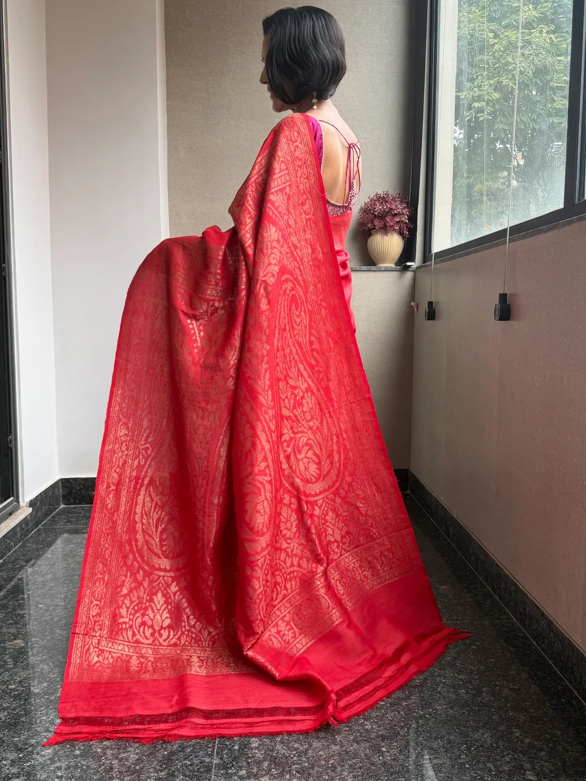 Red Pure Tussar Silk Kaduwa Banarasi saree final detail